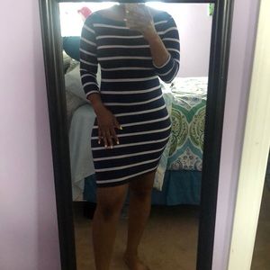 Navy blue striped, 3/4 sleeve, mini dress